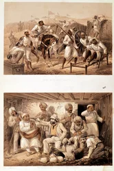 Deux scènes de la révolte indienne de 1857 représentant des cipayes mutinés et un agent anglais extrayant un trésor après l